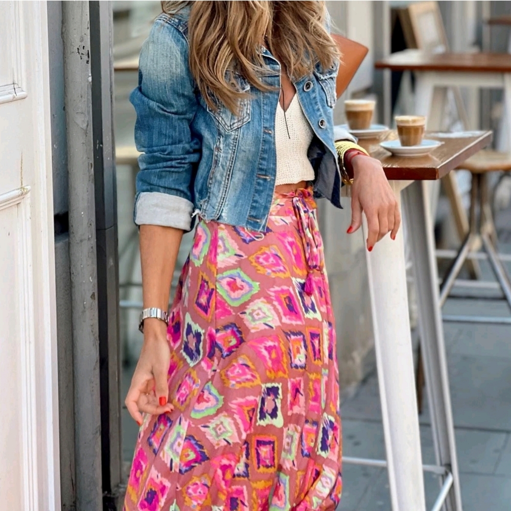 Pink Patchwork Ruffle Bohemian Maxi Skirt Size Medium - Picture 2 of 12
